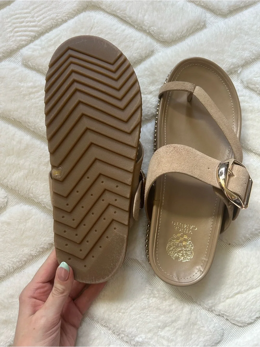 Vince Camuto Camilo Toe Loop Sandals in Tortilla Suede
